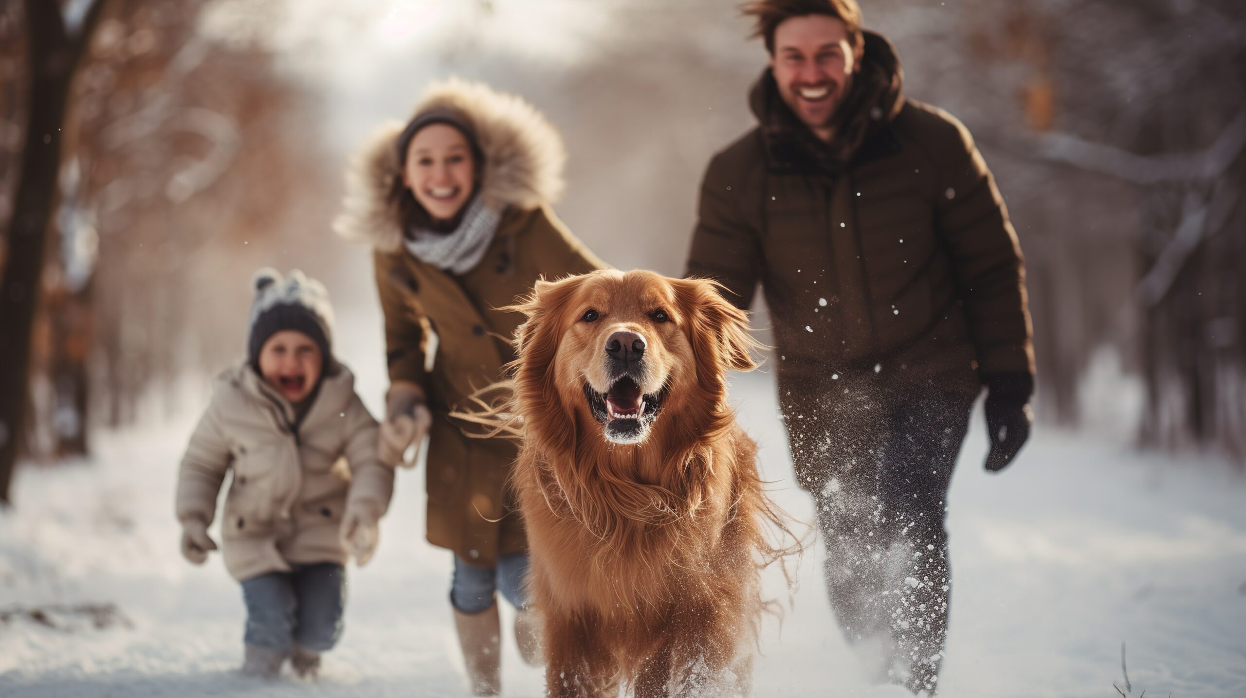 Happy family walking their pet golden retriever in the winter forest outdoors. Active Christmas holidays. Design ai